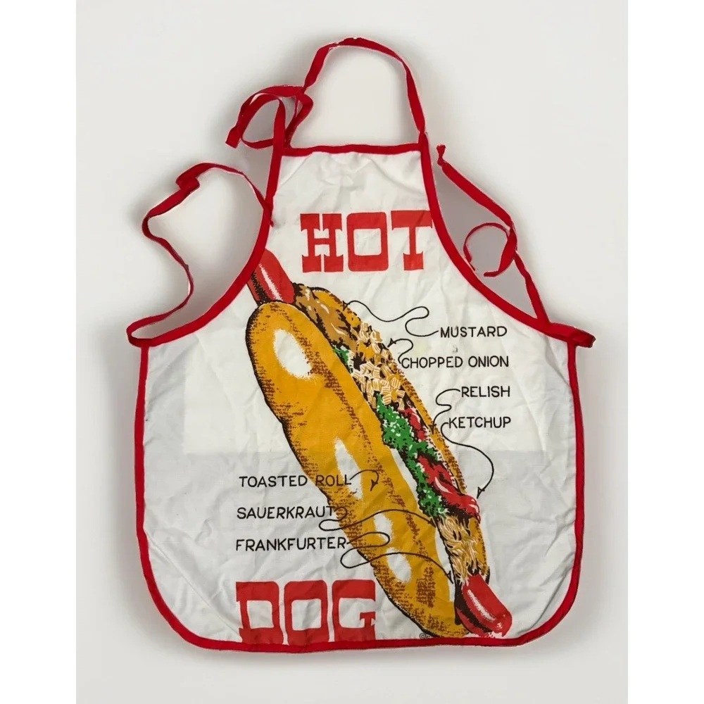 Vintage Hot Dog Novelty Bib Apron Cotton White/Red Adjustable Neck Ties